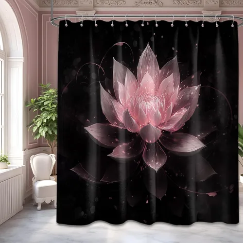 Vista 34 de Cortina de ducha con flores de loto negro y azul para decoración de baño, juego de cortinas decorativas de baño con estampado floral, tela