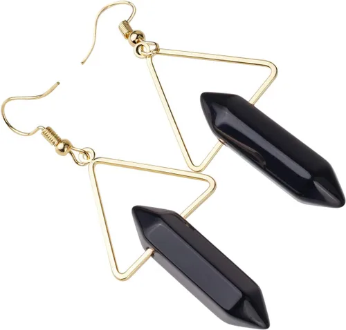 Vista 2 de TUMBEELLUWA Aretes colgantes de piedra de cristal curativo para mujer, aretes hexagonales de cuarzo con puntos triangulares