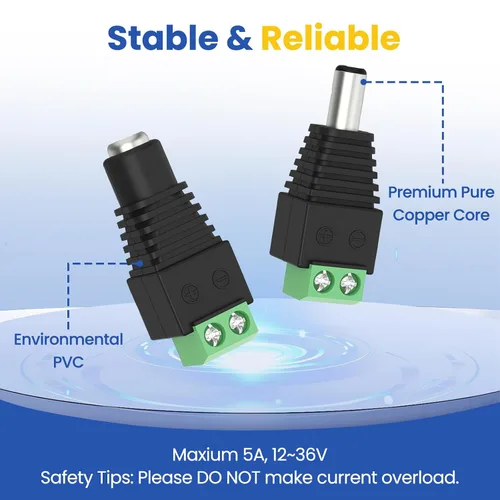 Vista 5 de 10 pares (10 x macho + 10 x hembra) 0.217 in x 0.083 in 12V DC conector adaptador de enchufe para tira LED, cable de cámara de seguridad CCTV