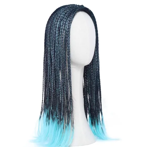 Vista 2 de Tembol Peluca de trenza larga para mujer, mezcla de color azul y negro, peluca de Halloween, cosplay, peluca de fiesta de disfraces de anime