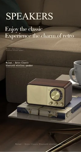 Vista 9 de Altavoz Bluetooth de madera retro, radio recargable de 1500 mAh con antena FM integrada, dial giratorio de sintonización FM, control de graves