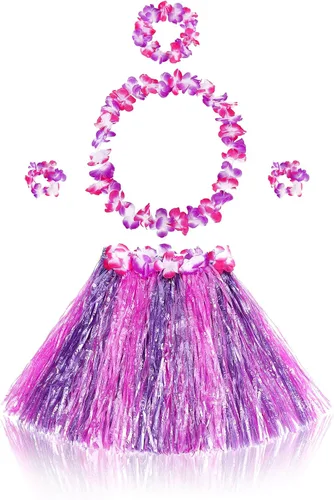 Vista 10 de Fortuning's JDS Falda hawaiana de hierba hula para niña, con flores elásticas a juego, juego de disfraz para fiesta de playa tropical Luau Azul