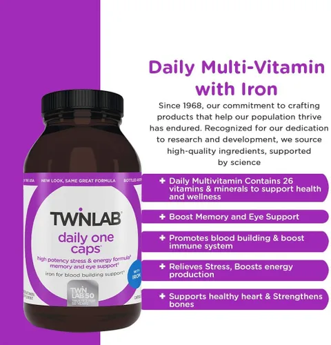 Vista 3 de Twinlab Daily One Caps Suplemento multivitamínico y mineral con hierro, 180 cápsulas