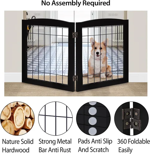 Vista 3 de LZRS Puerta plegable independiente de madera para perros de 2 paneles, madera maciza y alambre de acero, barrera para mascotas resistente a