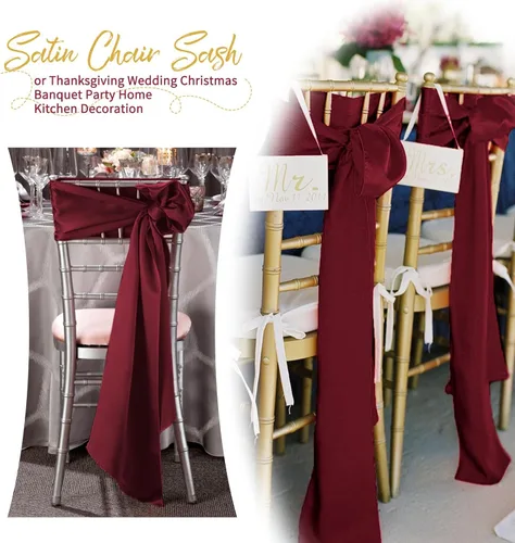 Vista 6 de 60 bandas de satén color burdeos para silla, diseño de lazos, para decoración de sillas de Acción de Gracias, boda, Navidad, banquetes, fiestas