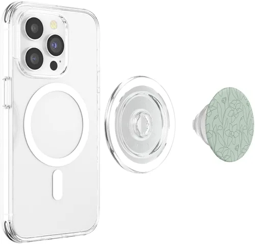 Vista 3 de Poppy Flower Line Art Modern Leaves Boho Sage Green PopSockets MagSafe PopGrip para iPhone