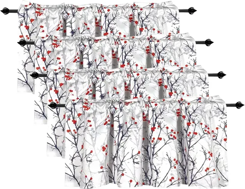 Vista 8 de Cenefas de cortina opacas para ventanas de cocina, ramas de árbol, estampado de pájaros, cenefas cortas para ventana de dormitorio, sala de estar