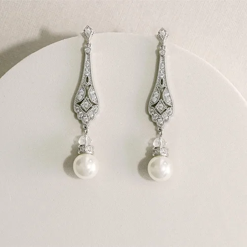 Vista 4 de Frankie Fashions Aretes colgantes de perlas vintage para novias, damas de honor, madre de la novia con impresionantes perlas y circonita cúbica