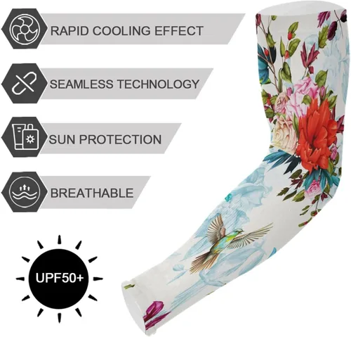 Vista 5 de Bird Spring Flowers Cooling Arm Sleeves for Men Women UV Sun Protection Work Sports Arm Sleeves with Thumb Hole for Football Running Golf