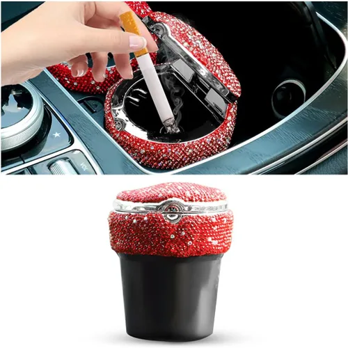 Vista 7 de BESULEN Cenicero de automóvil con brillos, cenicero portátil con tapa, soporte para taza cilíndrica sin humo con indicador de luz LED, accesorios