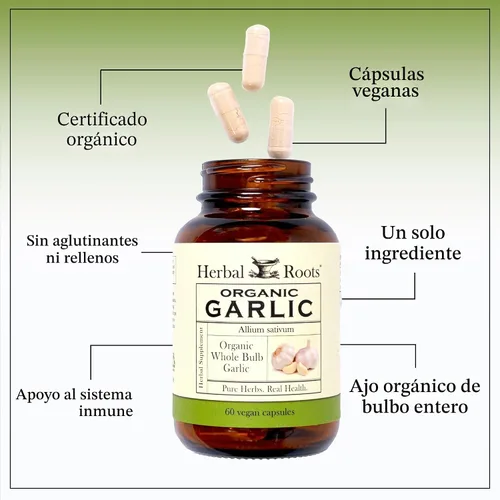 Vista 4 de Herbal Roots Píldoras orgánicas de ajo de bulbo entero - Potente fuerza extra 600 mg - 60 cápsulas veganas orgánicas