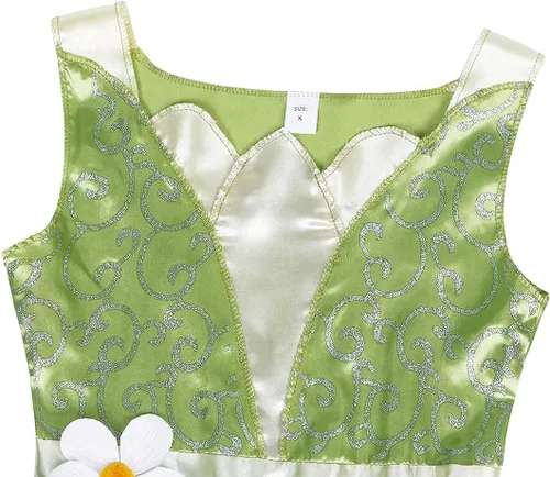 Vista 4 de WonderBabe Vestido de princesa rana verde para niñas, disfraz de Navidad, cumpleaños, fiesta de cosplay, regalo con accesorios