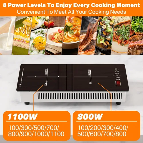 Vista 3 de Placa de inducción de 2 quemadores incorporada/encimera, 110 V ~ 120 V 1900 W doble inducción para caravana, camping con enchufe, temporizador