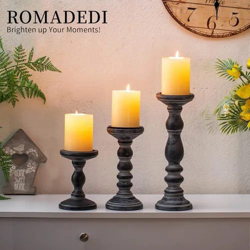 Vista 4 de Portavelas para Velas de Pilar: Romadedi Juego de 3 Portavelas Decorativos de Madera, Soporte de Vela de Madera Rústica para Repisa de Chimenea Mesa