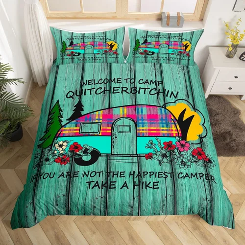 Vista 42 de Erosebridal Juego de funda de edredón de cabaña de cabaña, ropa de cama individual para niños, funda de edredón de campamento feliz, ropa de cama