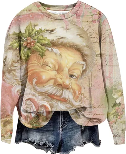 Vista 3 de Blusa ligera con gráficos divertidos de Navidad para mujer, color rosa, para vacaciones