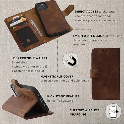 Vista 2 de HARDISTON Funda de Billetera de Cuero Genuino Hecha a Mano Compatible con iPhone 12 Mini 5.4'' Funda Magnética Desmontable con Tapa Abatible