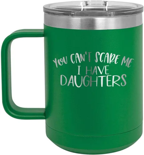Vista 12 de You CANT SCARE ME I Have DAUGHTERS Taza de café negra de 15 oz con tapa deslizante Taza de café de viaje aislada Ideas de regalo del día