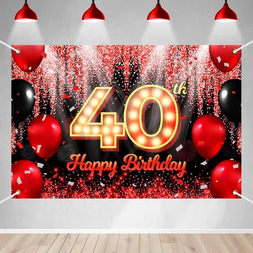 Vista 23 de Telón de Fondo Banner de Feliz 10º Cumpleaños Tema Negro y Rojo con Fondo de Neón Brillante y Moda para Fiesta de Cumpleaños Fotografía Accesorio