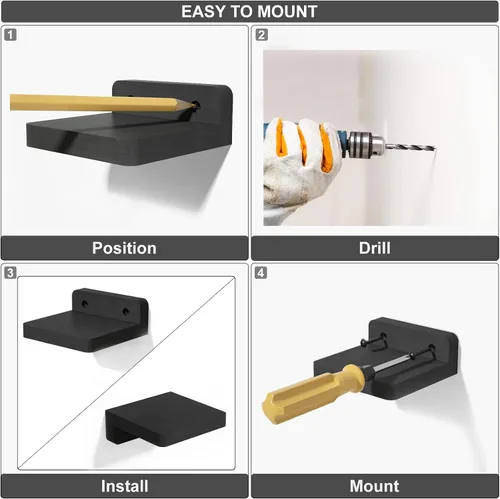Vista 8 de SRIWATANA Pequeños estantes flotantes montados en la pared, estante de madera para decoración y almacenamiento, juego de 4, mini estante de Negro