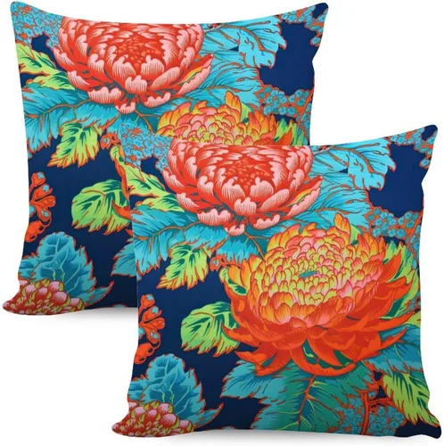 Vista 46 de Juego de 2 almohadas coloridas de estilo chinoiserie, color rosa intenso, azul real, peonía, floral, blanco, lino, estilo chinoiserie, para sofá