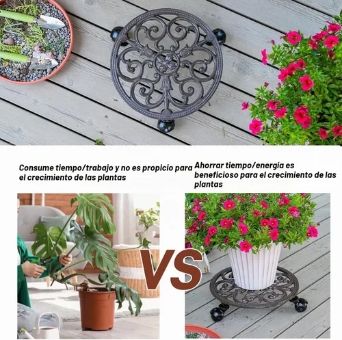 Vista 5 de Sungmor Carrito para Plantas de Hierro Fundido Resistente, Soporte Redondo para Macetas de 11 pulgadas sobre 3 Ruedas Sólidas, Soporte para Macetas