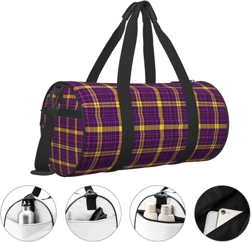 Vista 3 de Large Duffle Bag for Travel - Retro Purple Yellow Plaid Print Gym Bag for Women Men, Travel Foldable Bags for Women Men with Zippered Multiple