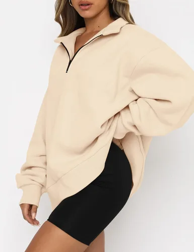 Vista 2 de AUTOMET Sudaderas de gran tamaño para mujer, sudaderas con capucha con cremallera de medio cuarto de largo, suéteres de manga larga