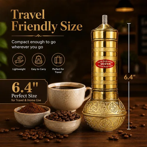 Vista 3 de Sozen - Molinillo de café manual de latón, molinillo de manivela ajustable para café turco, espresso y prensa francesa (6.4 pulgadas, latón clásico)