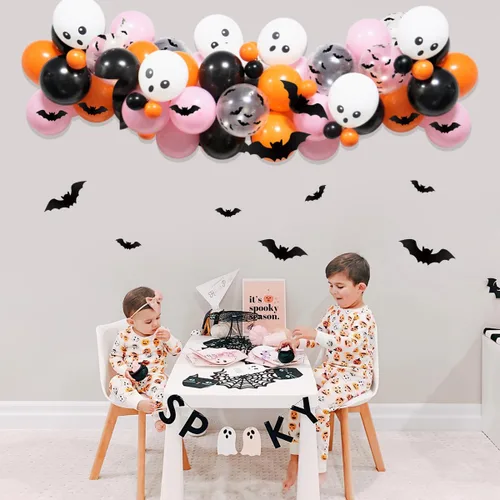 Vista 5 de Kit de guirnalda de arco de globos de Halloween, arco de globos de Halloween rosa, negro y naranja con globos de aluminio BOO, globos de calavera