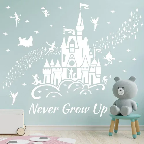 Vista 2 de Supzone Calcomanías de pared de castillo, diseño de castillo de cuento de hadas, citas de estrellas, decoración de pared, arte mural de bricolaje