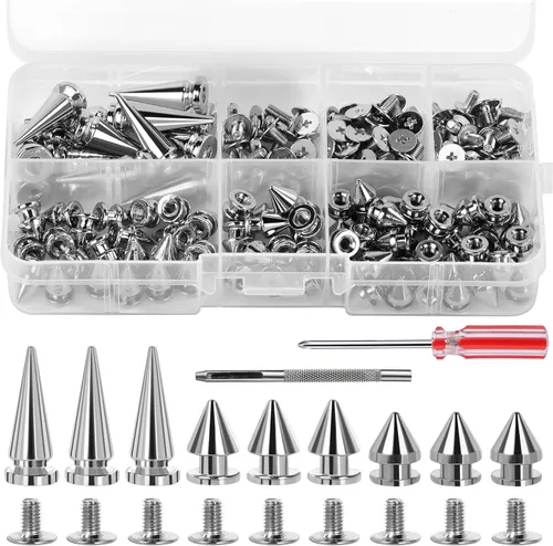 Vista 9 de QMNNMA Kit de 120 Juegos de Pinchos y Tachuelas Punk, Pinchos Cónicos de 4 Colores, Tachuelas Atornillables de Pinchos Metálicos de 3 Tamaños