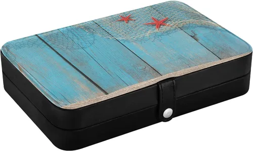 Vista 3 de Red de pesca con diseño de estrellas de mar rojas, caja de joyería de viaje de madera azul vieja para mujeres y niñas, organizador de joyas pequeño
