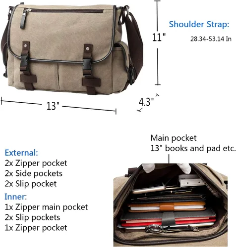 Vista 2 de [Actualizado] Bolso mensajero de lona vintage de 13, 15.6 y 17 pulgadas, bolso de hombro grande para computadora portátil, para mujeres y hombres