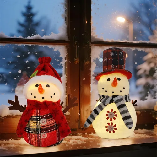 Vista 2 de Sancodee - Decoraciones de mesa de Navidad, 2 piezas, muñecos de nieve con luces LED blancas cálidas, decoración de mesa de muñecos de nieve