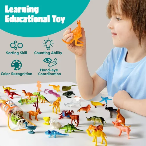 Vista 6 de JOYIN 69 figuras de animales pequeños, mini juego de juguetes de selva con cubo sensorial, juego realista de bosque salvaje, zoológico, océano