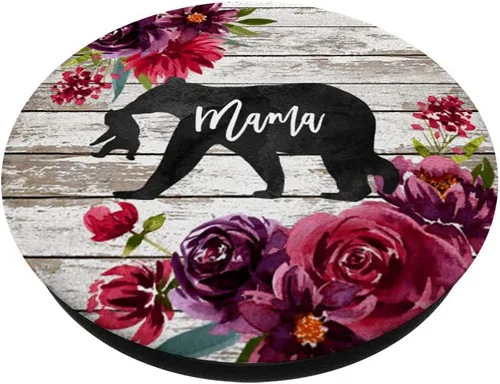 Vista 2 de Mama Bear One Baby Cub Rustic Barn Wood Burgundy Floral - PopSockets Grip and Stand for Phones and Tablets