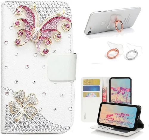 Vista 7 de Bling - Funda tipo cartera compatible con iPod Touch 5 y iPod Touch 6, elegante funda de piel con diseño de mariposa 3D hecha a mano con soporte