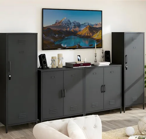 Vista 9 de Armario de almacenamiento de metal con puertas y estante, gabinetes de almacenamiento para oficina, aparador para oficina, sala de estar, comedor