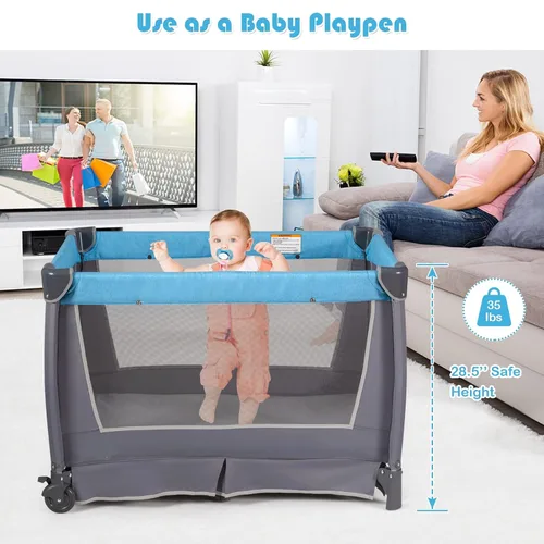 Vista 2 de INFANS Paquete y juego 4 en 1, centro de guardería portátil para bebés y niños, corral de viaje con moisés, colchón, cambiador de pañales, bolsa