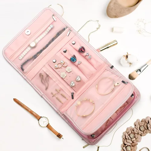 Vista 9 de Organizador de joyas de viaje pequeño plegable organizador de viaje de joyería rosa, bolsa de joyería rosa, organizador de viaje, organizador