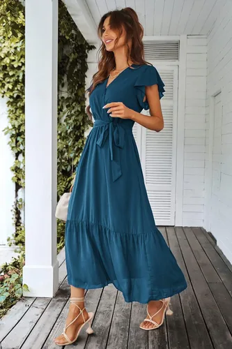 Vista 9 de PRETTYGARDEN - Vestido floral para mujer estilo bohemio, cruzado, con cuello en V, manga corta, con cinturón, dobladillo con volantes, acampanado