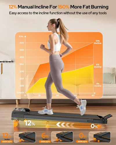Vista 2 de Walking Pad Treadmill with 15% Incline & Dual LED Display, 4 in 1 Walking Pad with Handle Bar, 3.5HP Foldable Under Desk Treadmill, Portable