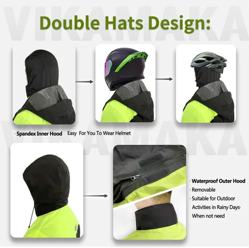 Vista 5 de Traje de lluvia impermeable para hombres, chaqueta de lluvia ligera con pantalones de 2 piezas, sombreros dobles para motocicleta y ciclismo