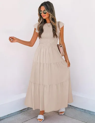 Vista 5 de ZESICA - Vestido por debajo de la rodilla para mujer, diseño informal y escalonado de manga corta, con cuello redondo y cintura elástica fruncida