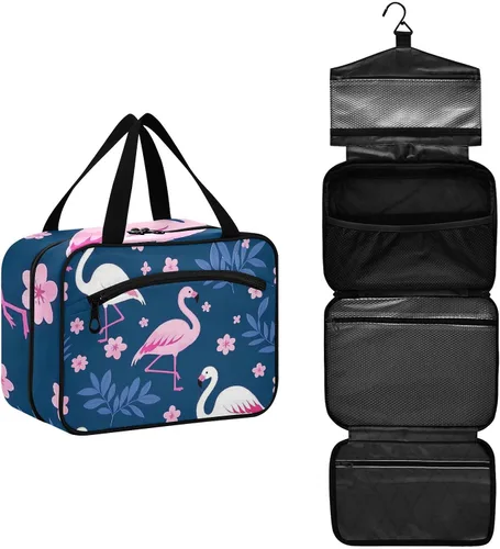 Vista 2 de Elegant Animal Flamingo Grey Hanging Travel Cosmetic Bags for Women with Hook Designer Necessities Bag for Makeup mom Toilet bolso de viaje