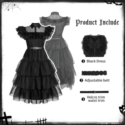 Vista 2 de Hqroidd Wednesday Addams - Vestido de fiesta para niña, disfraz de graduación, falda de tul de malla negra con cinturón, traje de cosplay