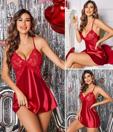 Vista 4 de Avidlove Lencería para mujer, cuello en V, camisón corto de satén con encaje para dormir