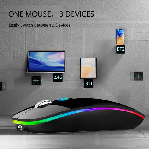 Vista 2 de TENMOS Ratón inalámbrico Bluetooth, LED delgado (Bluetooth 5.1 + USB) 2.4GHz recargable silencioso con adaptador tipo C para Laptop/MacBook/iPad
