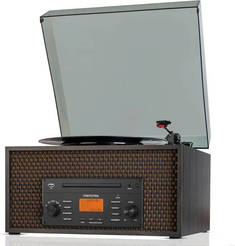 Vista 2 de Memorex MX-TT700 Centro de música de madera nostálgico 7 en 1 CD/MP3, USB, Bluetooth Tocadiscos, AM/FM, entrada AUX Grabar a USB, pantalla